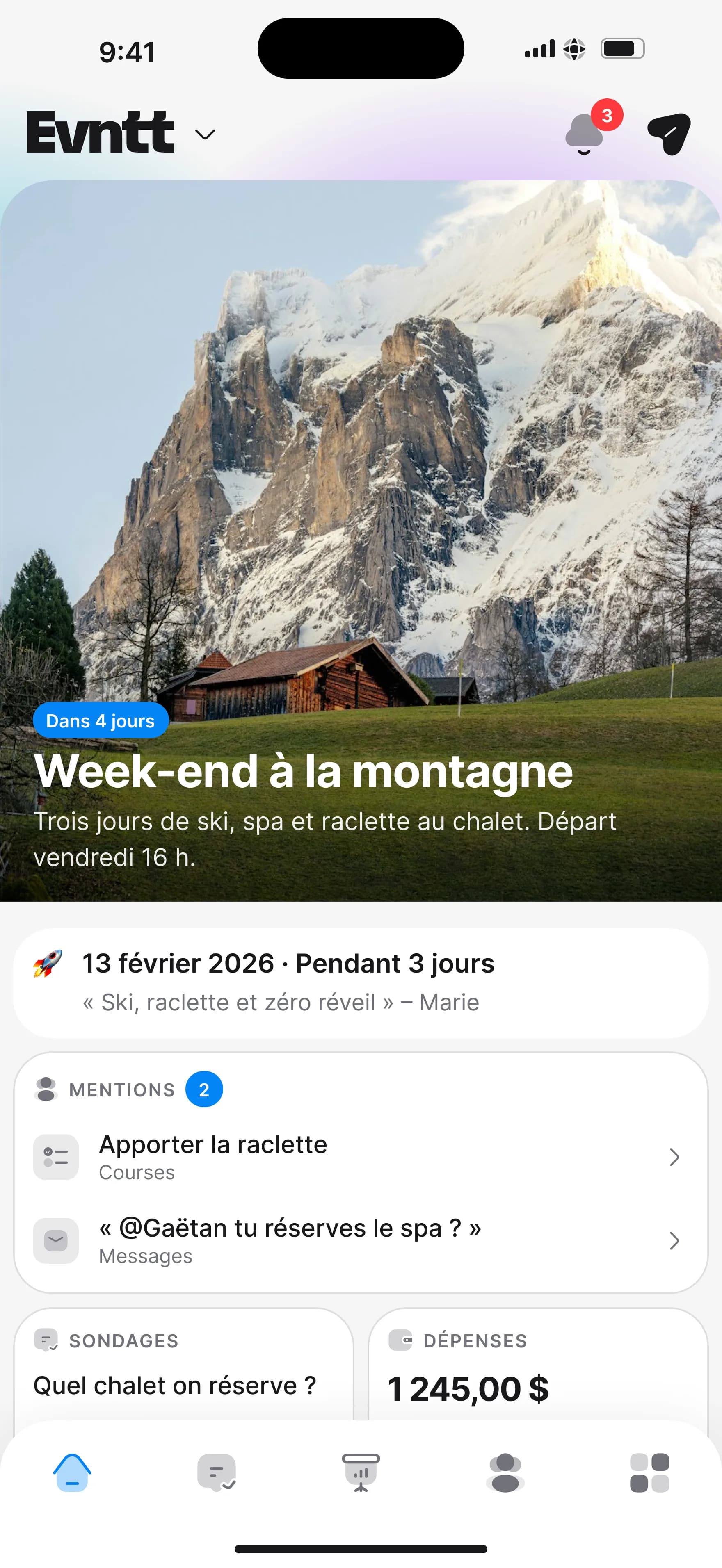 The home screen of an event in Evntt